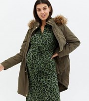 New Look Maternity Khaki Faux Fur Hood Dip Hem Parka Jacket